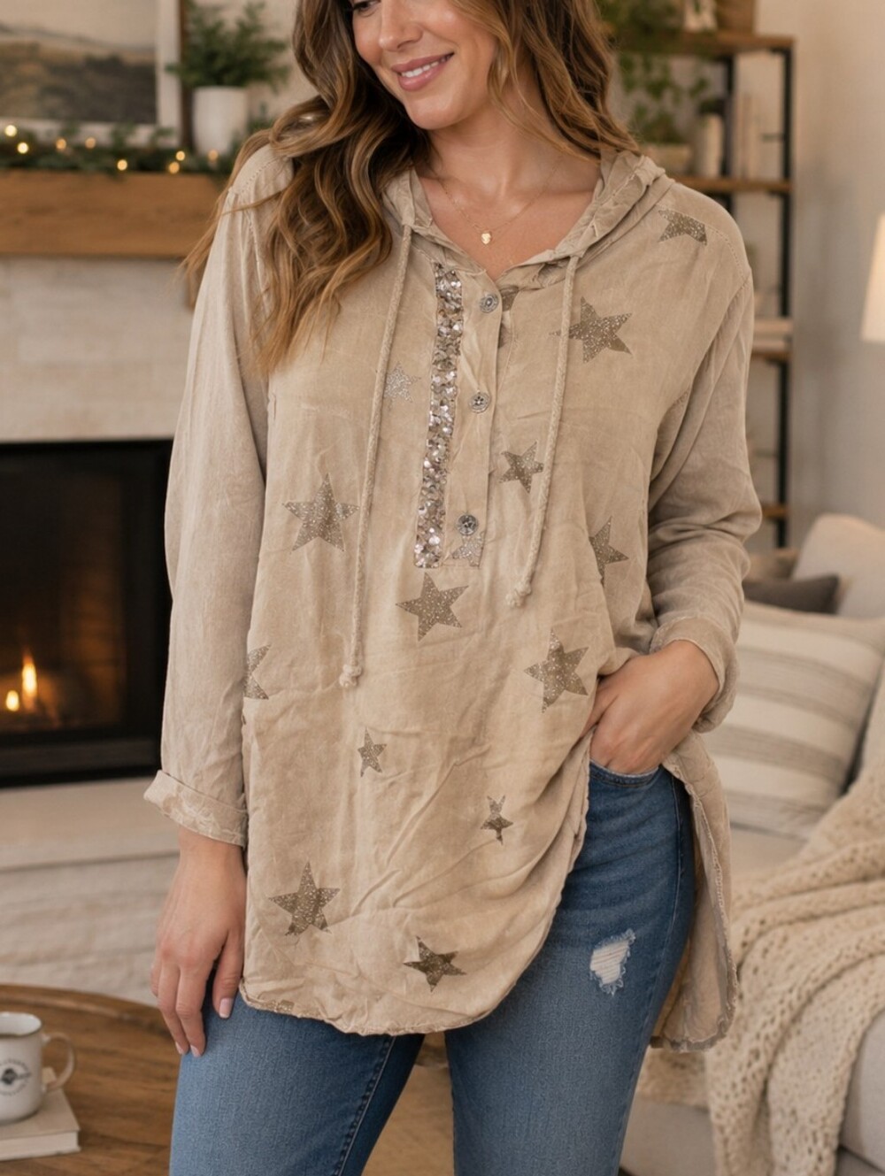 Elissia Made in Italy Beige Star Print Hoodie M | Sequin Trim High Low Tunic Top